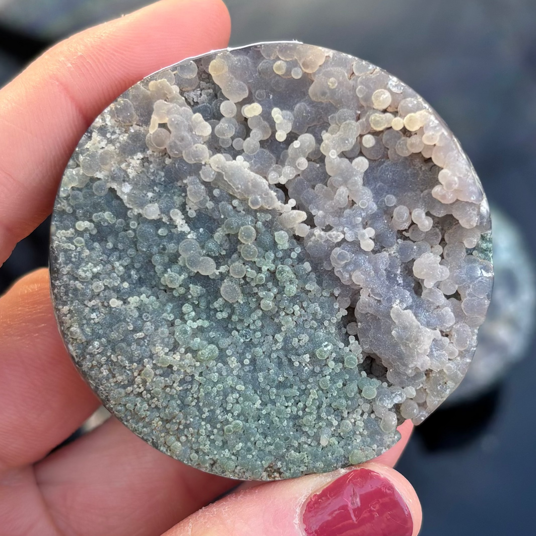 A round, polished Grape Agate crystal freeform held upright in fingertips, showcasing a dual face of smooth matte green matrix alongside a dense pocket of tiny, sparkling purple botryoidal spheres.
