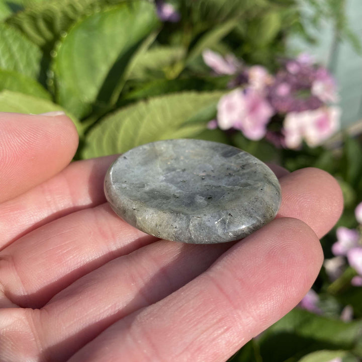 A close-up view of a dark gray Labradorite worry stone angled gently on an open hand in bright sunlight. The celestial sheen and subtle blue flashes showcase its untamed cosmic energy, making it an enchanting, thoughtful gift to support natural intuition and the Crown Chakra.