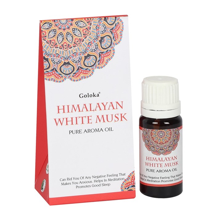 A clean studio shot of a 10ml amber glass bottle of Himalayan White Musk home fragrance oil with a white tamper-evident cap, positioned alongside its red and white box featuring elegant mandala art on a plain background.
