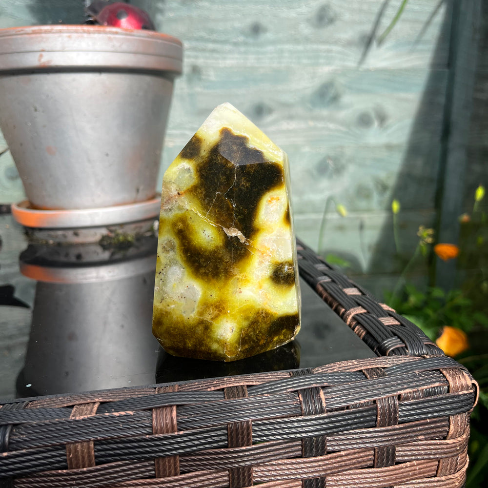 A mid-range shot of the imperfect green opal generator point standing tall next to a terracotta plant pot, highlighting its substantial 10cm height, blocky shape, and organic subterranean markings.