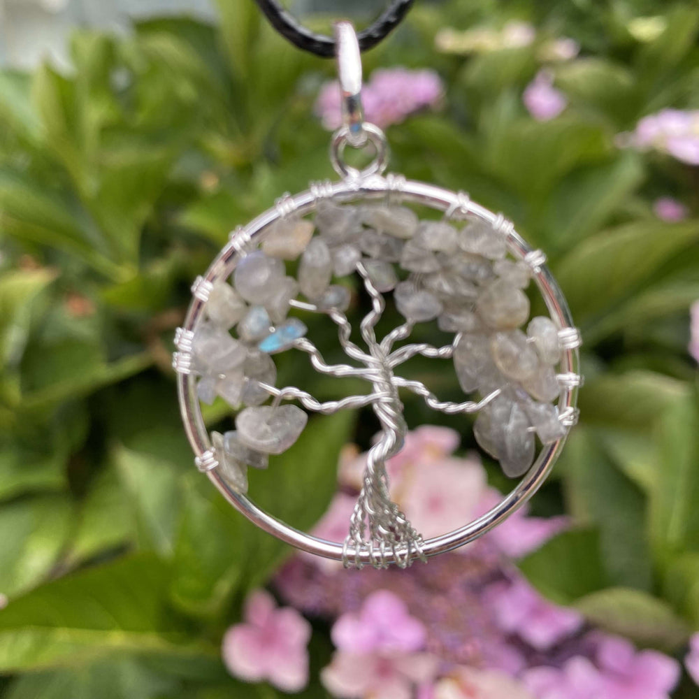 A round silver wire tree of life necklace charm suspended from a black cord, shown outdoors against a soft background of green garden leaves and pink summer flowers.
