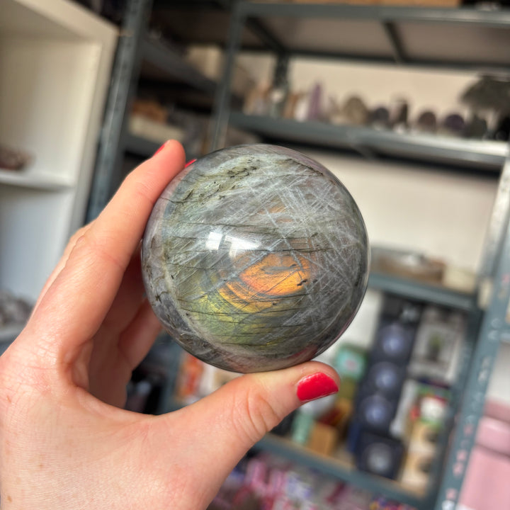A side view of a hand holding the weighted, perfectly rounded grey labradorite polished sphere, capturing a warm copper flash reflecting under shop ambient lighting to highlight its unique geological veining patterns.