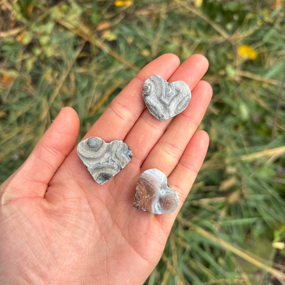 An open palm presenting three mini sphalerite crystal heart magnets at a wider distance outdoors, demonstrating the small 2cm by 1cm physical sizing scale and unique natural landscape variations of each individual gemstone token.