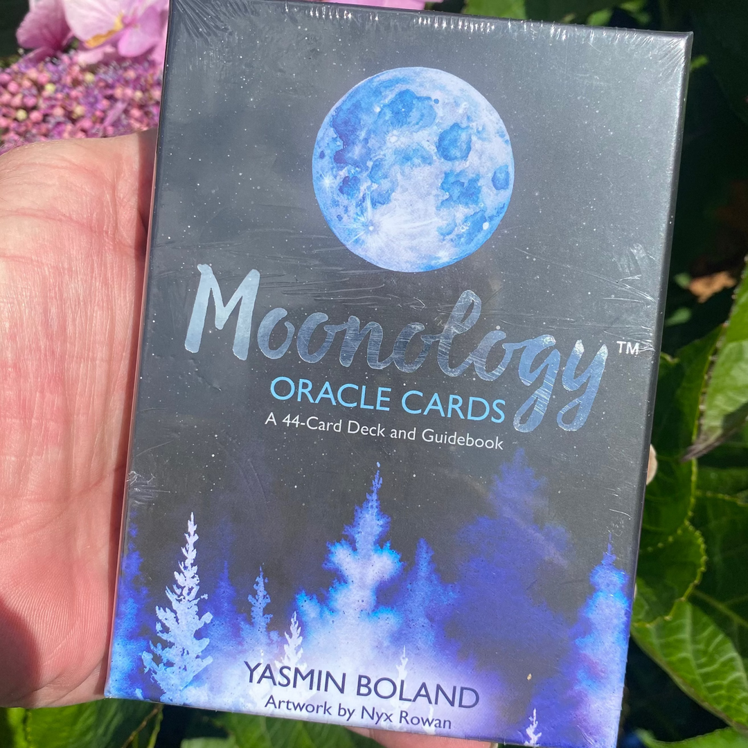 A direct vertical close-up shot of a person's hand holding the Moonology Oracle Cards box outdoors. The dark retail packaging features a large, luminous blue full moon illustration and silhouettes of a pine tree forest by Nyx Rowan, set against a soft-focus background of green leaves and pale garden flowers.