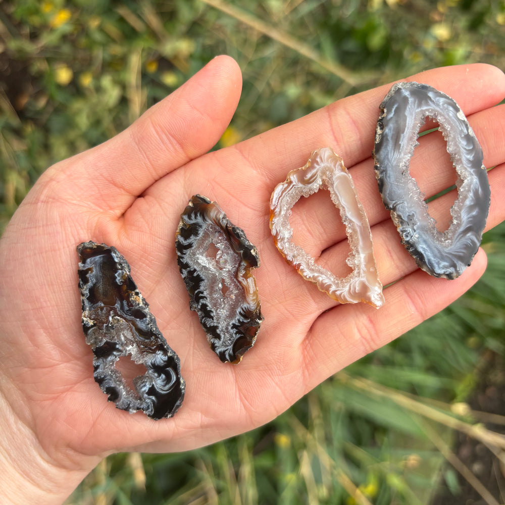 An overhead shot looking down at four distinct polished agate slices lined up in an open palm outdoors, detailing the rich subterranean patterns, soft layered tones, and unique geological variations that provide a steady sense of calm, emotional stability, and protective grounding.