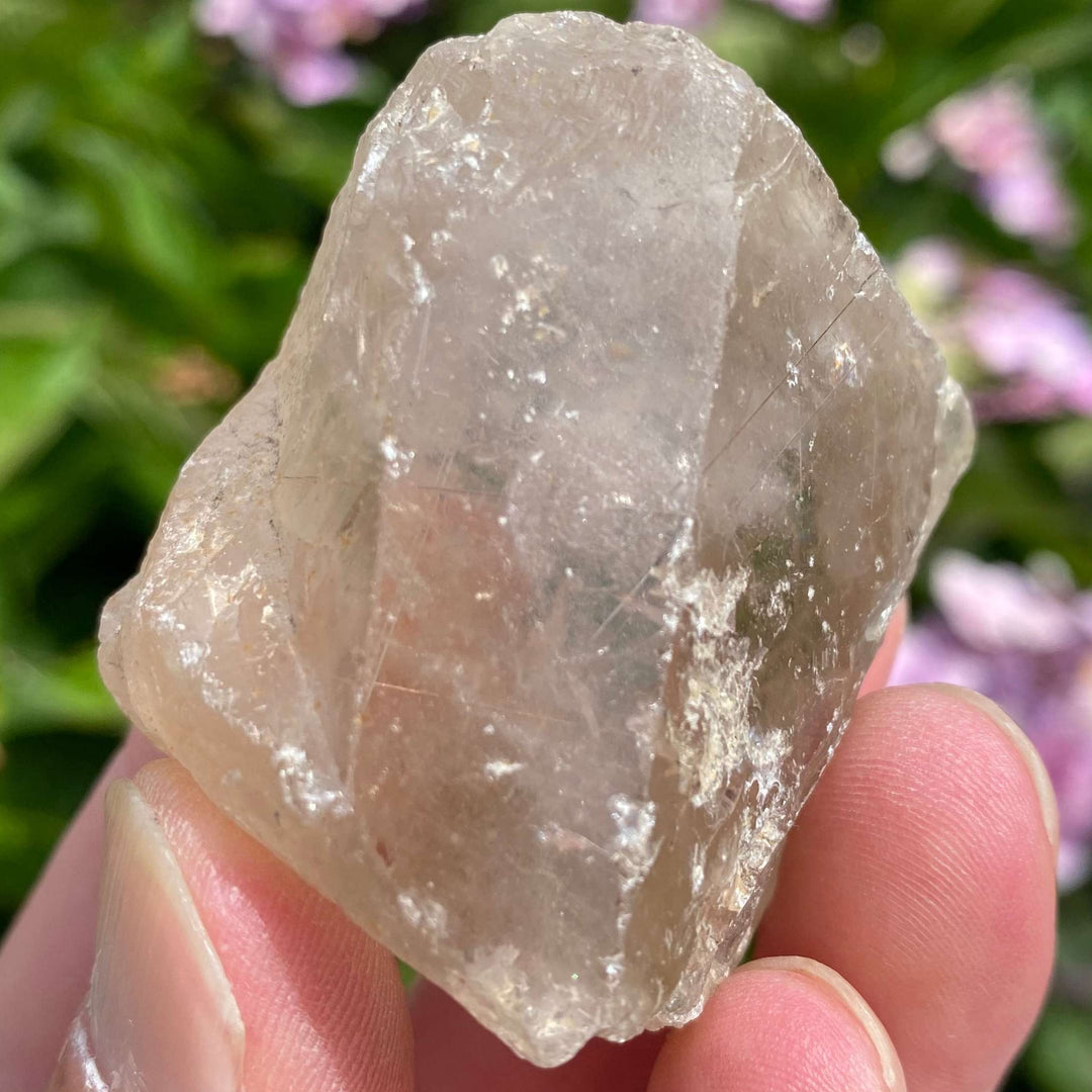 A final side profile perspective of the natural clear quartz rough crystal point shape held upright outdoors. The sunlight captures the irregular geometric contours and crystalline depths of the authentic gemstone, illustrating a beautiful wellness gift or statement piece for a home altar display.