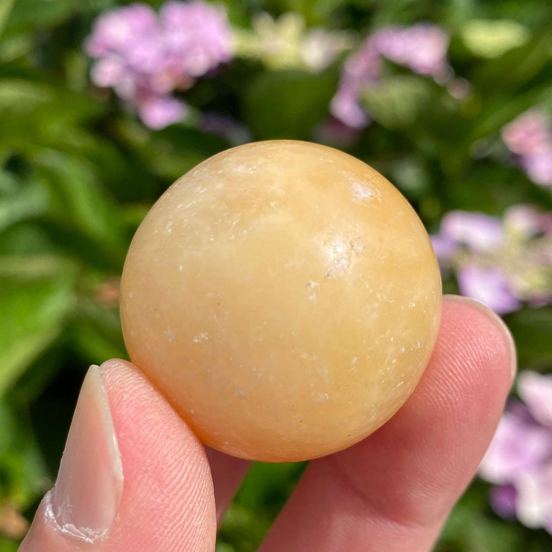 A close-up view of a perfectly round, polished orange calcite sphere held gently between fingers, showing off its natural milky white swirls and sun-kissed honey-orange coloring against a soft background of green garden leaves and pink flowers.
