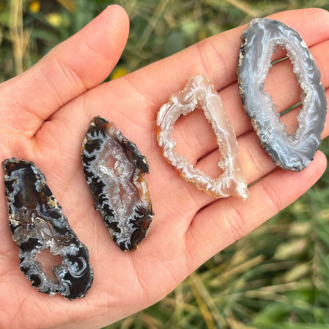 An open hand cradling four polished agate slices of varying natural shades, showcasing mesmerising ribbons of banding and hidden crystal pockets, held outdoors over garden foliage to demonstrate sizing scale and how the translucent stone catches natural light for Root and Sacral Chakra balancing.