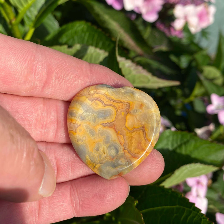 A hand displaying the polished crystal heart pocket stone from a side angle against a backdrop of green garden leaves and pink flowers. The beautiful swirling mineral patterns and earthy bands are highlighted under bright daylight, making it a cheerful and supportive gift.
