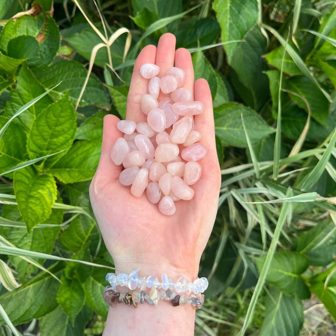 A wider outdoor perspective showing a cluster of smooth, tumbled mini Rose Quartz stones resting in an open hand. The wrist features two polished crystal chip bracelets, set against a natural background of long grass to highlight the delicate ten to fifteen millimetre companion scale.