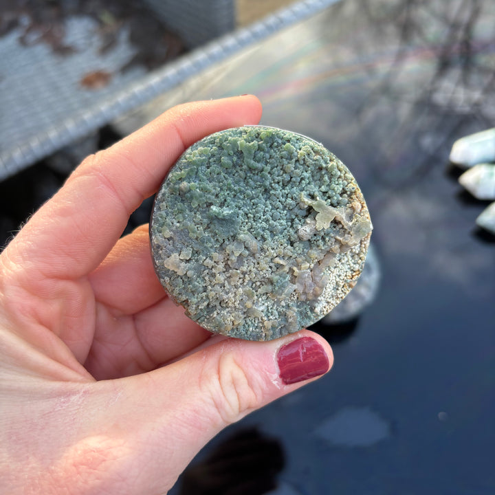 A hand displaying the reverse profile of the polished Grape Agate stone slice, highlighting its earthy green matrix shading and subtle quartz mineral layers.
