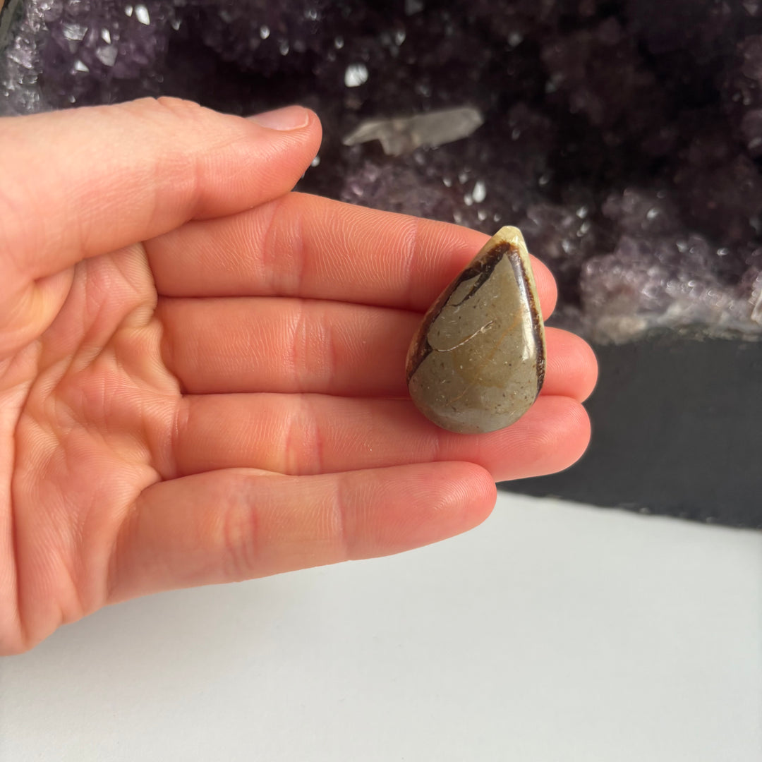 A hand presenting the side profile of a polished septarian jasper pocket talisman from the clearance collection, detailing its smooth rounded edges and ancient geological layers designed to bring emotional safety and grounding comfort.