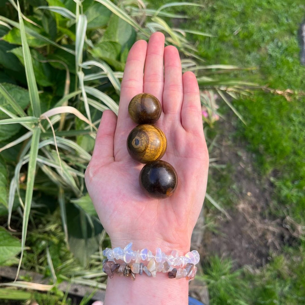A pulled-back eye-level shot showing three round Tiger Eye crystal spheres resting in a hand outdoors. The natural morning sun catches their glossy surfaces, highlighting the rich bands of silky light and compact 3cm real-world scale against a grassy garden background.
