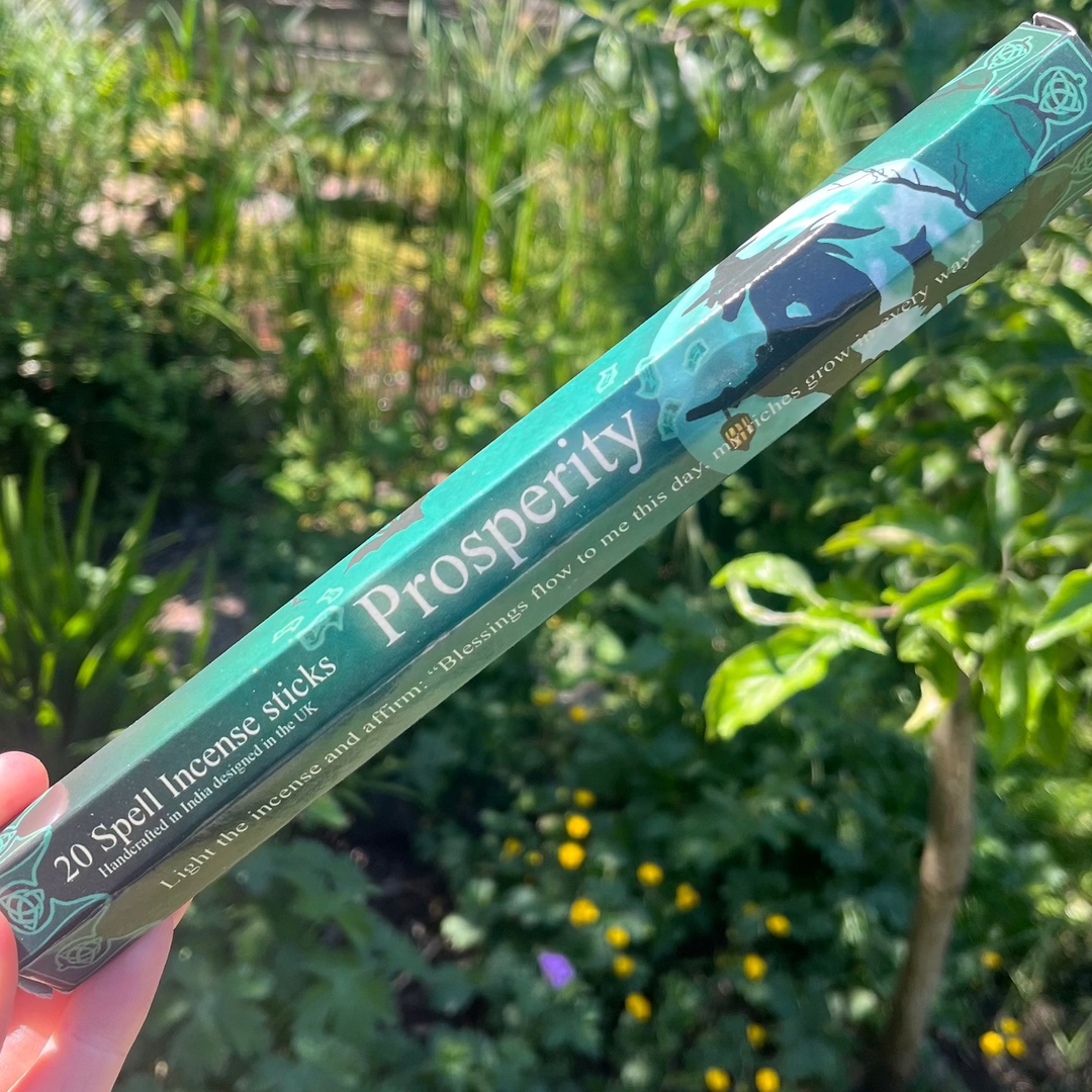 A hand holding a single pack of Elements Prosperity Spell incense sticks outdoors, showing the dark green and gold mystical-themed packaging featuring artwork by Lisa Parker against a lush background of garden foliage to highlight its role in abundance and success rituals.
