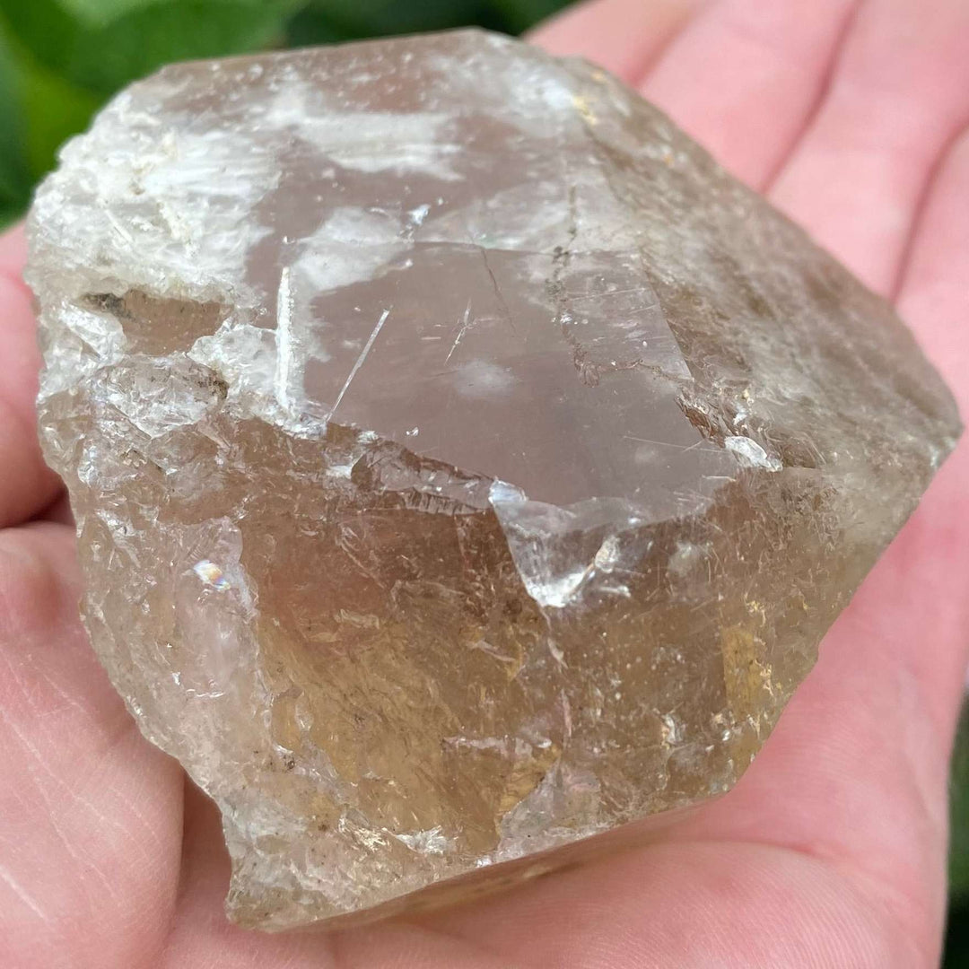 A close-up view of a substantial raw Clear Quartz crystal chunk resting in an open hand. The large rough stone showcases its unpolished shape, rugged facets, icy cleave planes, and a beautiful smoky, golden-tinged clarity under natural daylight.