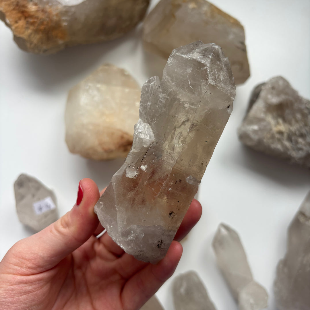 A hand with red nails holding a large raw clear quartz crystal specimen over a white surface scattered with rough quartz pieces, showcasing its jagged natural facets, icy internal configurations, and substantial 330-gram size for Crown Chakra alignment.