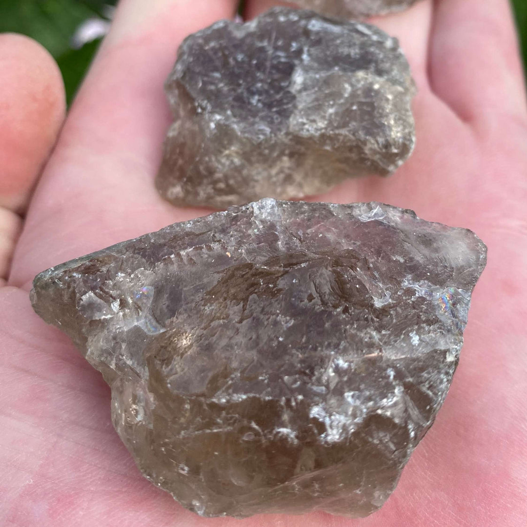 A close-up view of two chunky, unpolished raw smoky quartz crystal specimens resting in an open hand. The stones display their translucent, deep earthy brown tones, rugged natural facets, and a rough texture perfect for grounding rituals.
