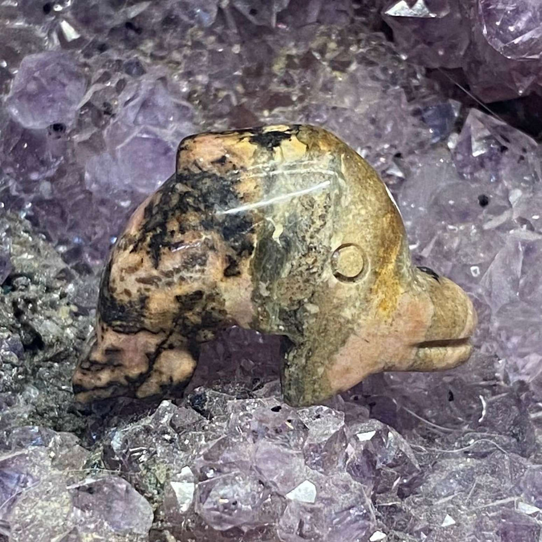 A close-up view of a small carved rhodonite crystal dolphin showing distinct pink and black natural stone marbling while sitting on a purple amethyst cluster background.
