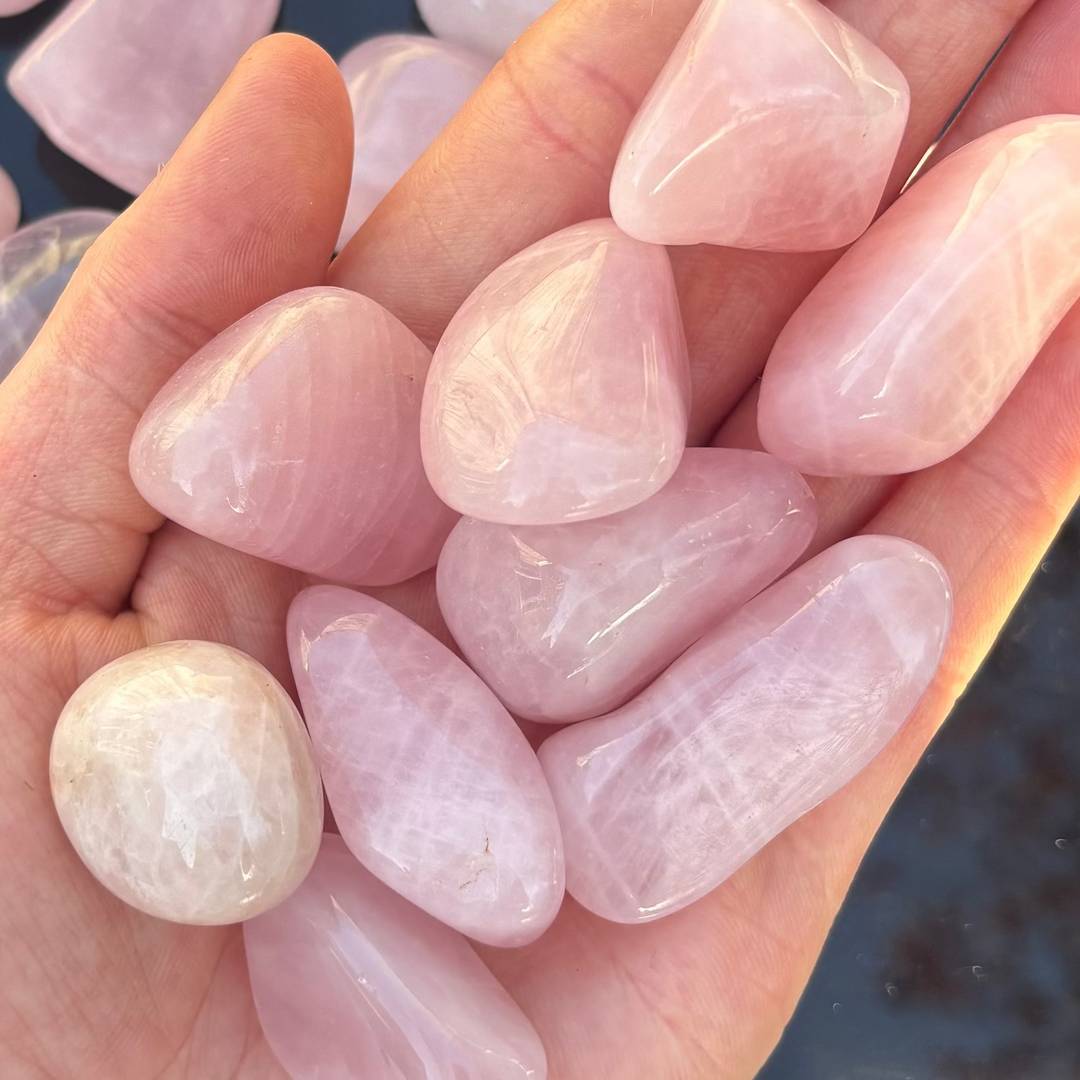 A hand overflowing with a collection of smooth, polished rose quartz tumble stone crystals, showcasing translucent pink blush hues, internal veiling, and natural cloudy depths to demonstrate physical sizing scale for Heart Chakra alignment.