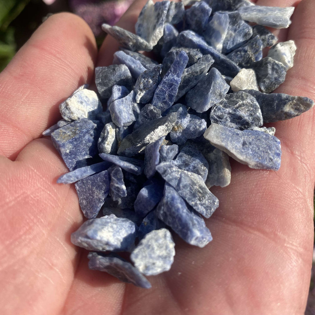 A top-down macro shot focusing on the cluster of rough blue sodalite chips resting in a hand outdoors. The jagged, unpolished edges of these mini stones are fully visible, making them a perfect, versatile tool for intuitive crystal grids or resin art projects.