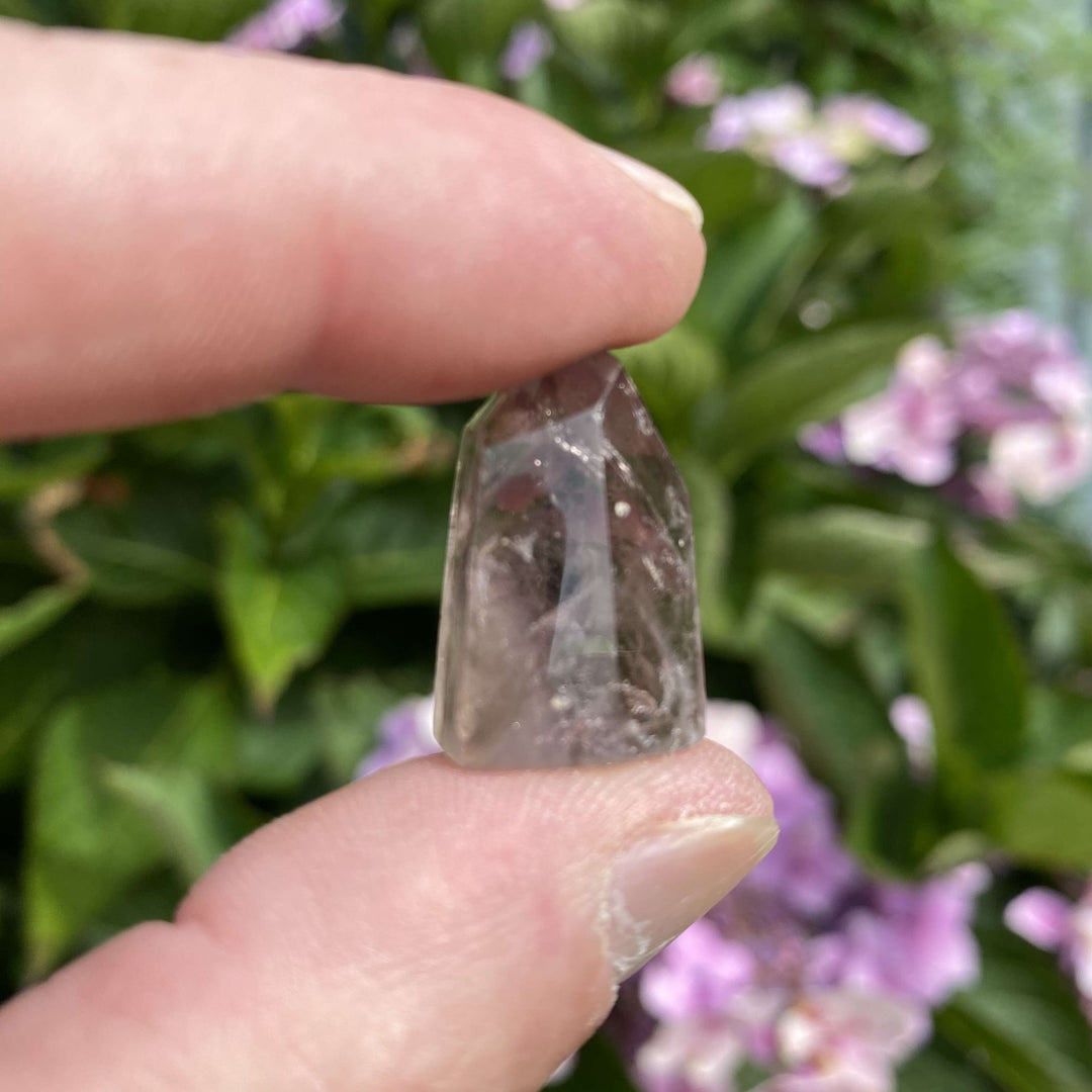 A close-up view of a small faceted smoky quartz pointed tower held between two fingers, showcasing its translucent brown shadow bands against a soft backdrop of green garden leaves and pink flowers.
