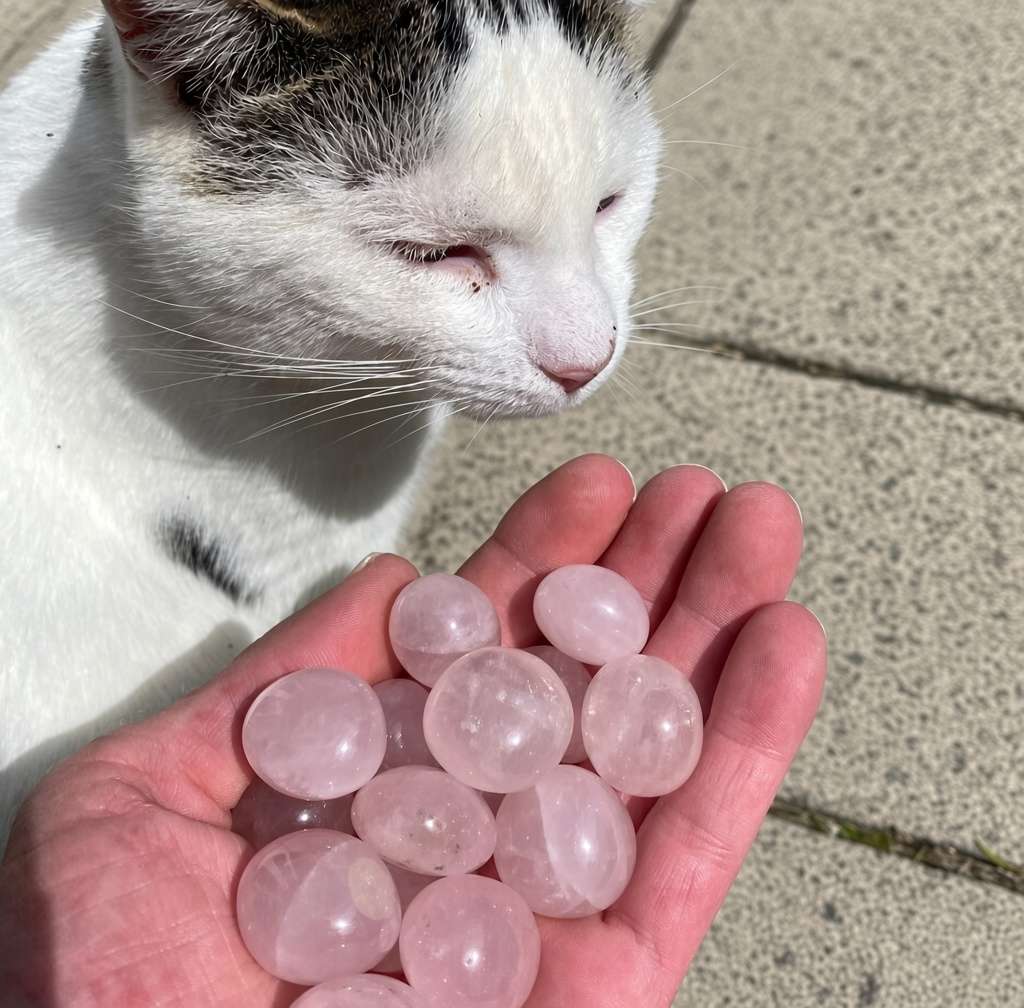 A hand holding a cluster of polished Star Rose Quartz tumble stones outdoors, as a white and dark grey cat curiously looks on, showcasing the smooth, glassy pink surfaces against a patio background.