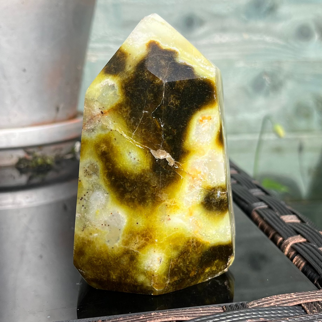 A thick polished green opal crystal tower standing on a dark outdoor patio table, showcasing unique mossy dark brown fields mixed with pale pistachio-green bands and natural, minor surface flaws for Heart Chakra alignment.