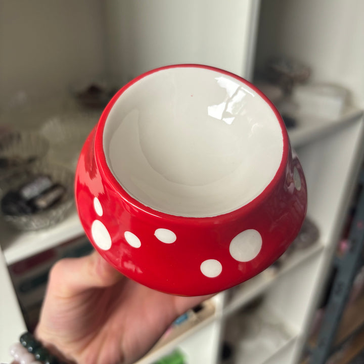 An overhead view looking down into the deep, unpolished white ceramic dish built into the top of the red mushroom cap. The wide opening is perfectly shaped to safely hold wax melts or essential oil and water mixtures, designed to diffuse comforting fragrances during relaxation rituals.
