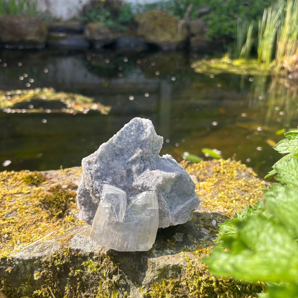 A wider outdoor shot of the unpolished grey chalcedony cluster with prominent frosty calcite points, resting safely on a mossy stone shelf by a garden pond to showcase its natural 9x8cm geological form and grounding sanctuary vibe.