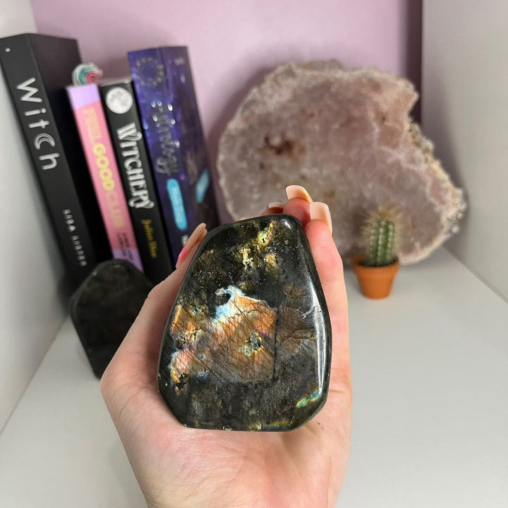 A hand holding a Labradorite Polished Freeform in front of a desk with books in the background