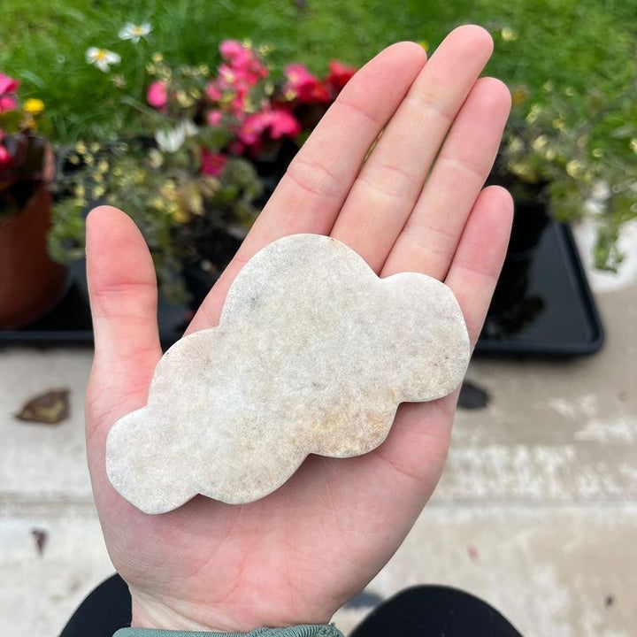 A pink amethyst crystal figure shaped like a cloud held in a hand, with green plant background.