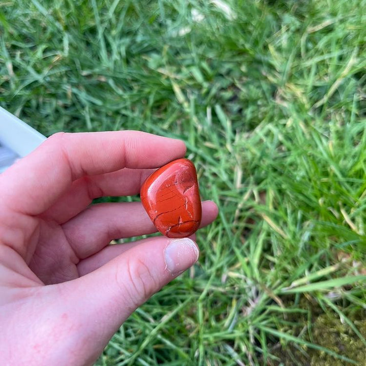 A hand holding a small polished Red Jasper Tumble Stone, photographed outdoors against green grass.