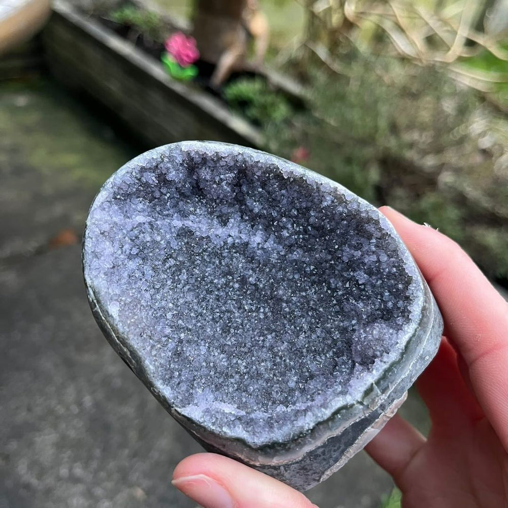 A polished Amethyst Cut Base Point crystal geode dome with a natural rough crystalline interior, photographed outdoors with a blurred background.