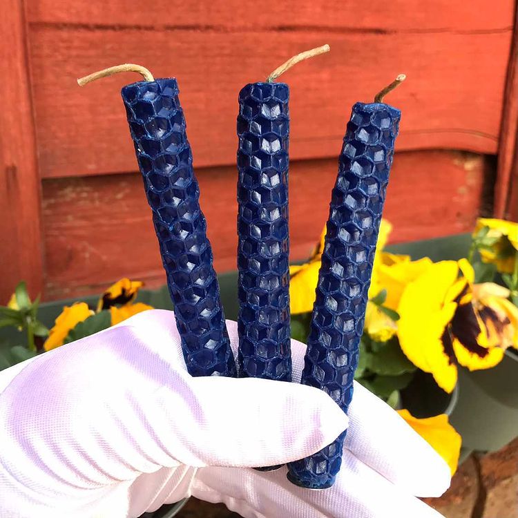 Three blue honeycomb beeswax spell candles held in a white gloved hand outdoors for peace rituals.