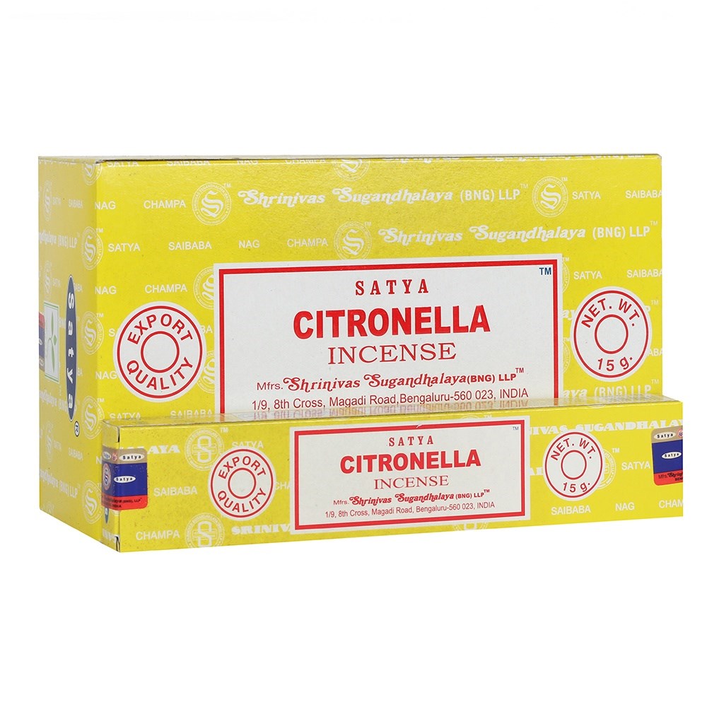 Boxes of Satya Citronella Incense Sticks with branding and product information visible.