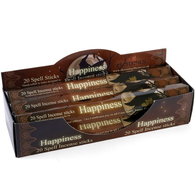 A full display box housing individual packs of Elements Happiness Spell incense sticks, showing the golden-yellow and brown packaging
