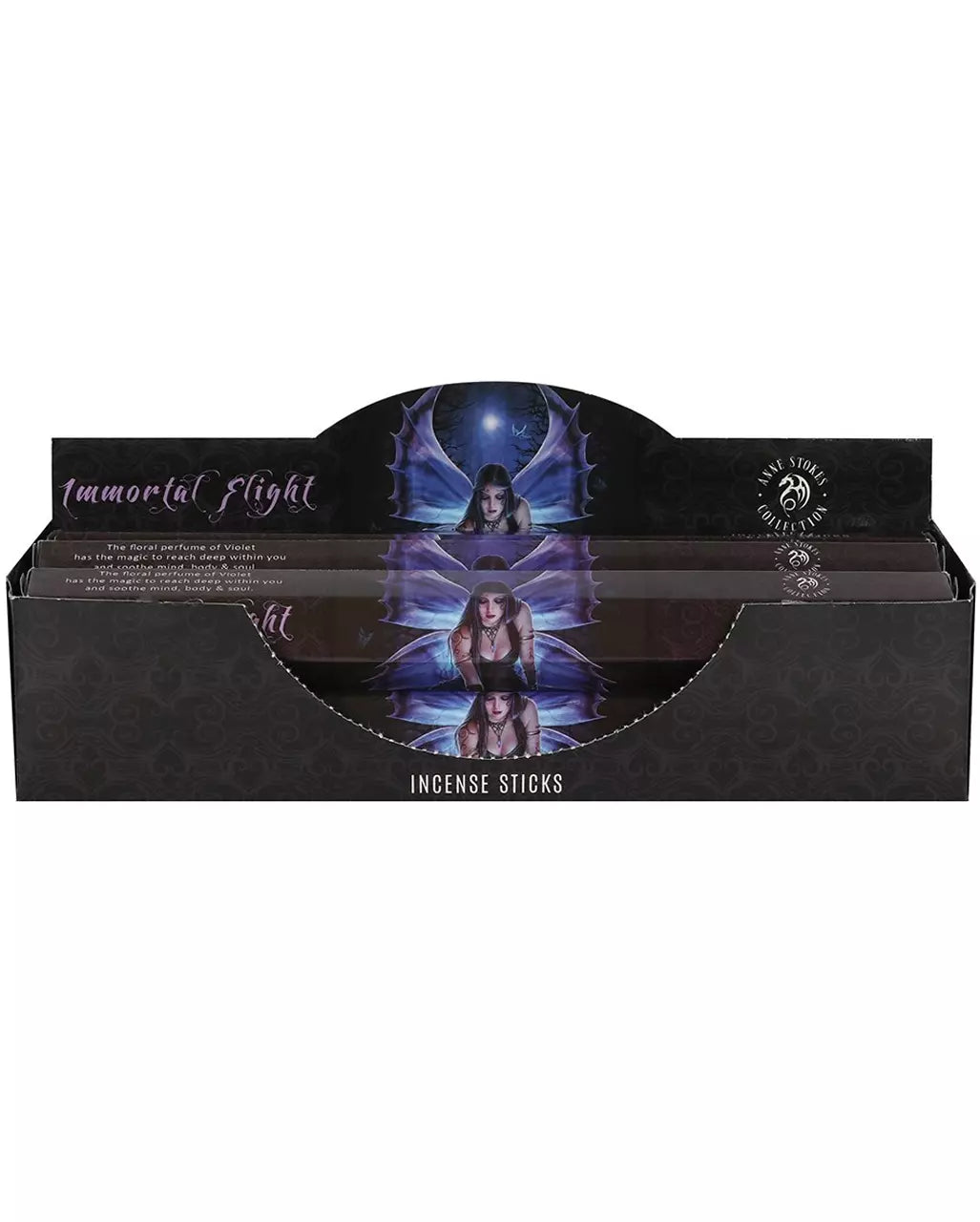 A dark fantasy themed display box of Elements Immortal Flight incense sticks.