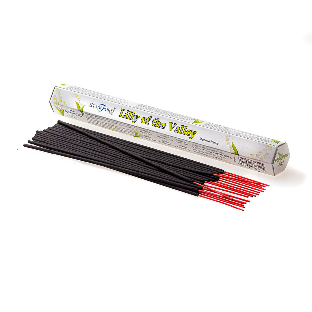 A pack of Lily of the Valley incense sticks by Stamford, with the sticks displayed in front of the packaging.
