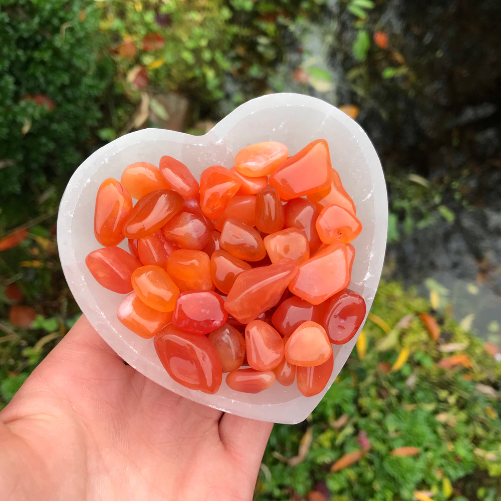 An outdoor shot from a distance showing a hand cradling a heart-shaped crystal dish packed with tiny, glossy orange Carnelian pocket stones, illustrating their small one-centimetre scale under daylight.