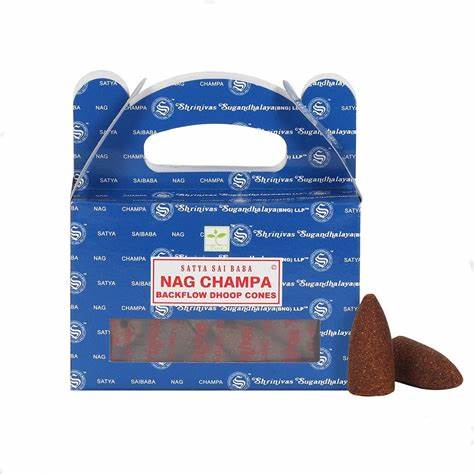 A pack of Satya Nag Champa backflow incense cones displayed against a blue background with product information visible.