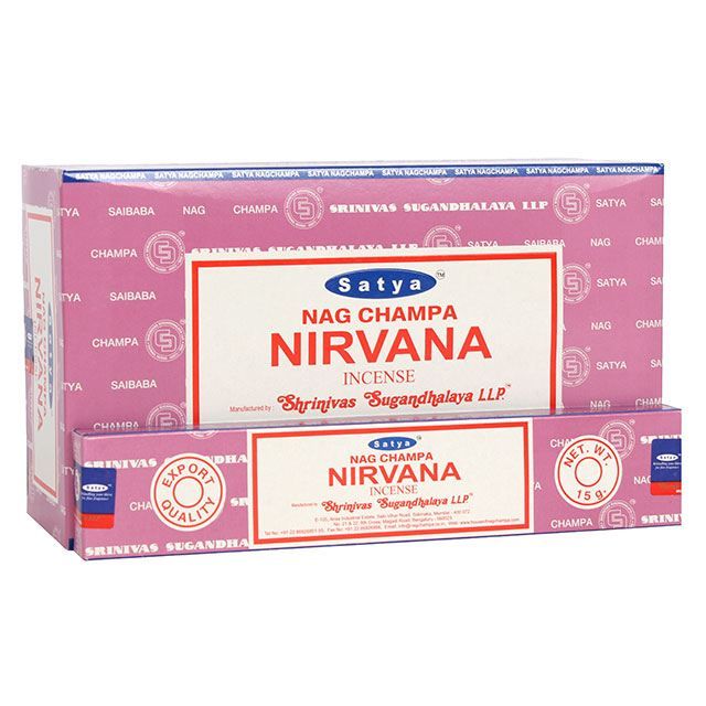 A box of Satya Nirvana incense sticks with branding and product name displayed on the packaging.