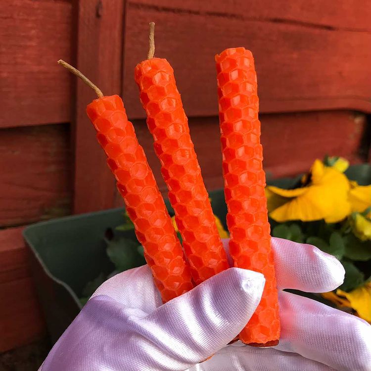 Three orange honeycomb beeswax spell candles held in a white gloved hand outdoors for confidence rituals.
