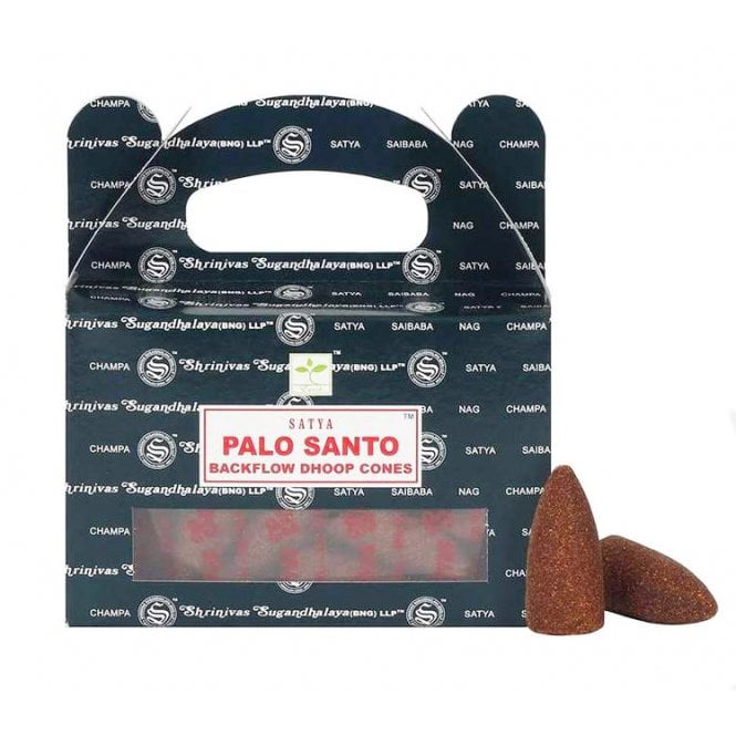 Packaging of Palo Santo Backflow Incense Cones by Satya, displaying the product name and approximately 24 cones, with each cone having a brown color and cone shape, set against a black background with white text.
