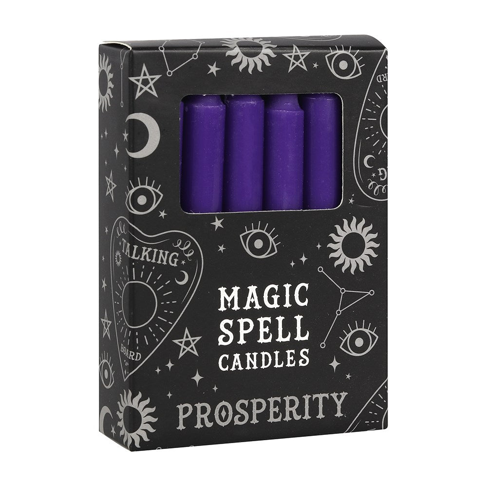 Talking Board purple prosperity magic spell candles 12-pack in a black celestial box on a solid white background.