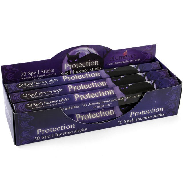 Retail display outer box containing individual packs of Elements Protection Spell incense sticks, designed with a deep navy blue and black theme.
