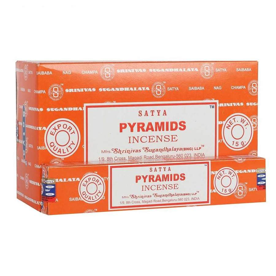 A box of Satya Pyramids incense sticks with multiple packages stacked together, predominantly orange and white in color with branding and product name displayed.