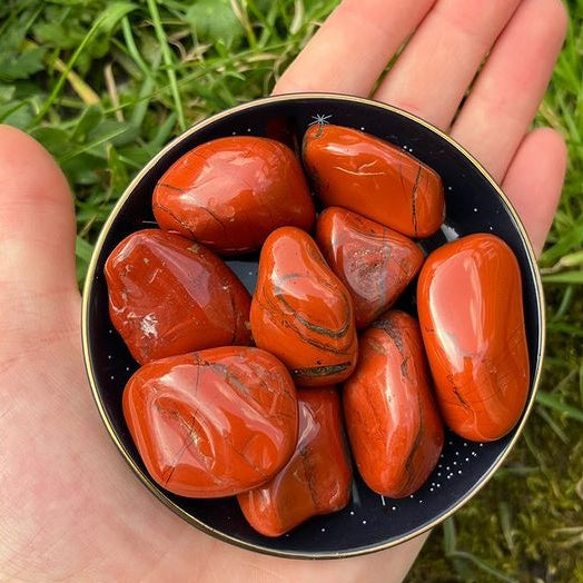 A hand holding a collection of red jasper tumble stones with a grassy background.