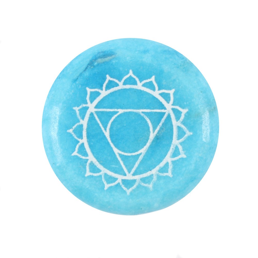 A blue circular Throat Chakra Meditation Stone with the Throat Chakra symbol engraved on it.