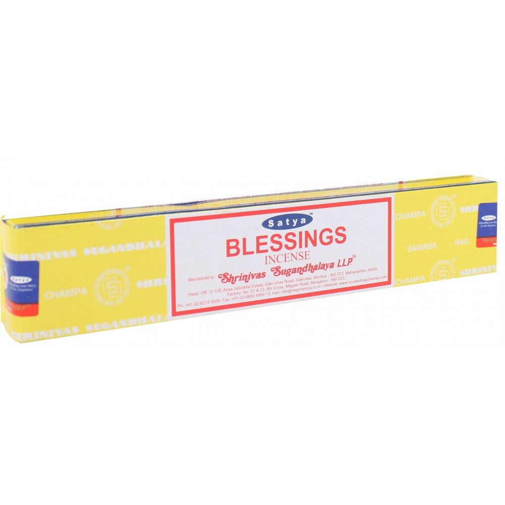 A box of Satya Blessings incense sticks with the product name and brand prominently displayed on the packaging.