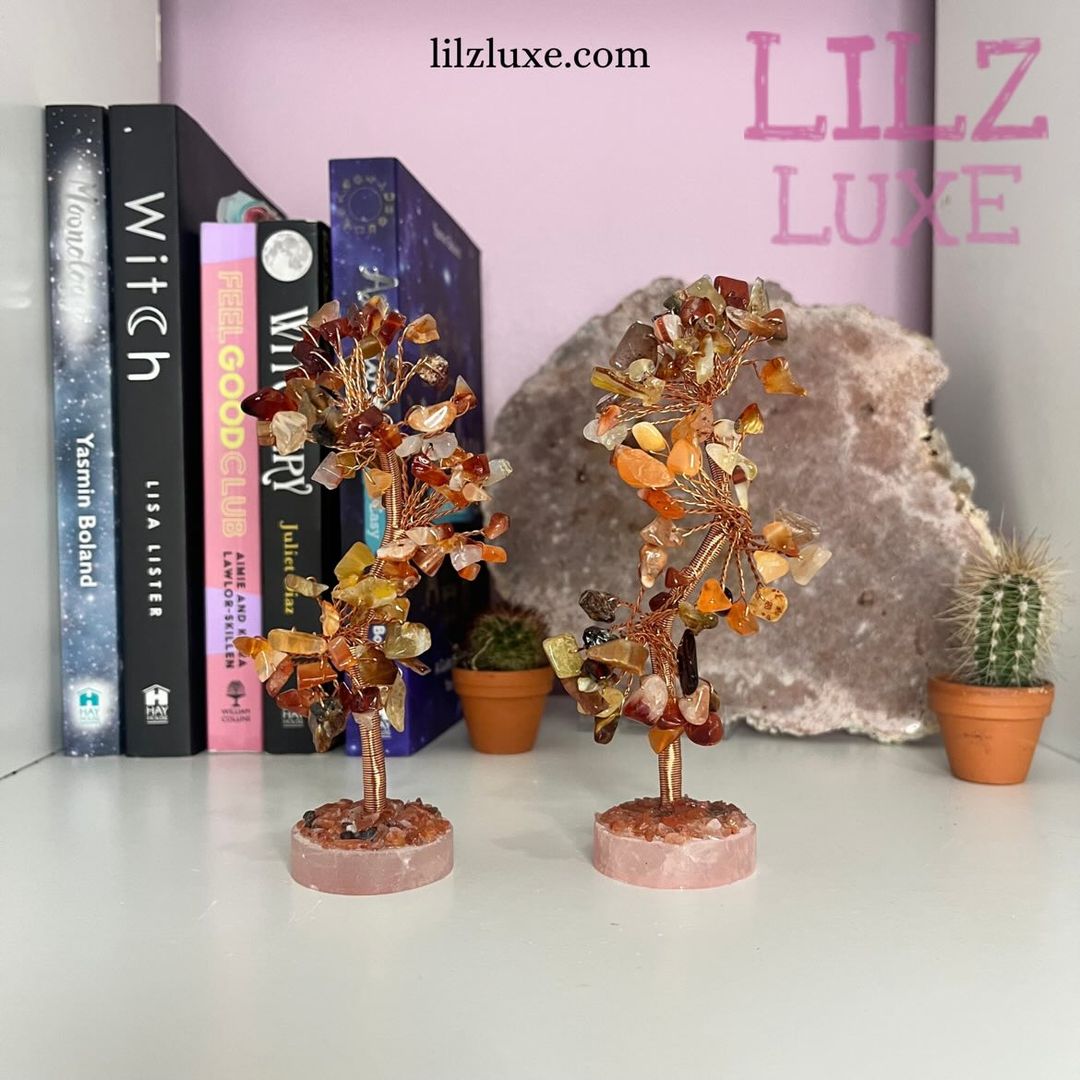 Two handmade Carnelian crystal trees standing on a white shelf, showcasing flexible wire branches laden with glossy red-orange gemstone leaves and a solid pink quartz base scattered with tiny raw mineral chips against a backdrop of books and small cacti.